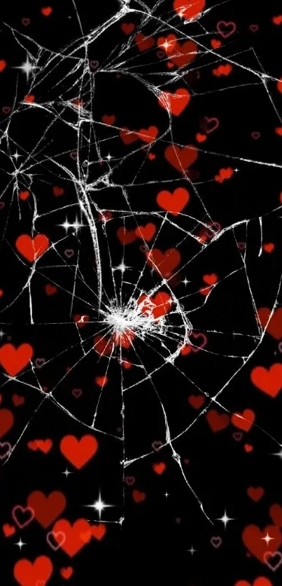 Cracked black wallpaper with red hearts.