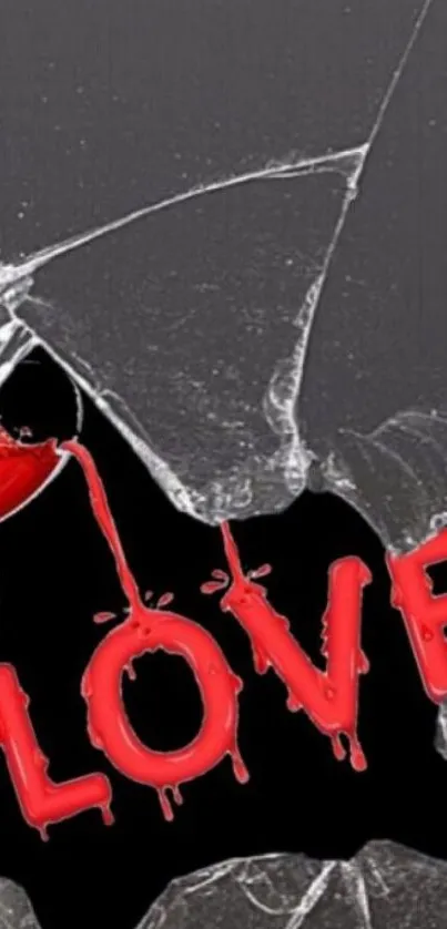 Love text with shattered glass background in red and black design.