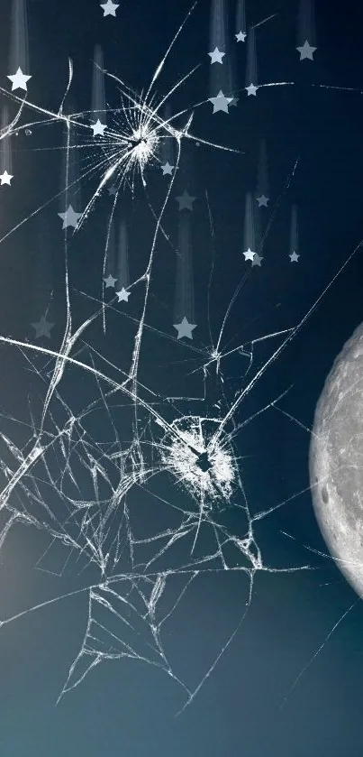 Shattered glass effect with moon and stars in night sky wallpaper.