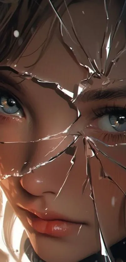 Anime art of girl through cracked glass, enhancing intrigue.