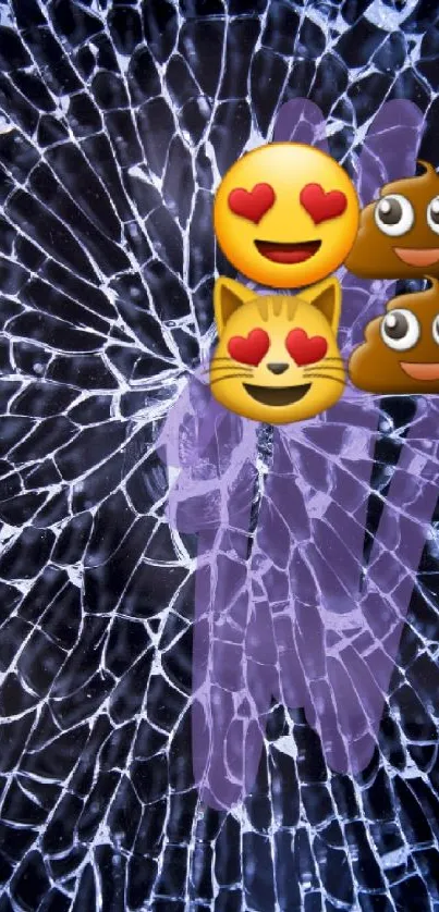 Cracked glass wallpaper with heart-eyed emojis.