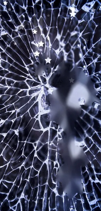 Abstract shattered glass design with stars on a dark blue background.