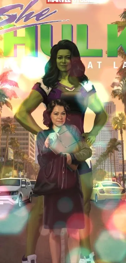 She-Hulk Attorney at Law mobile wallpaper with green theme and city background.