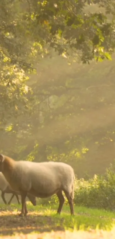 Peaceful sheep grazing in sunlit, leafy forest scene.