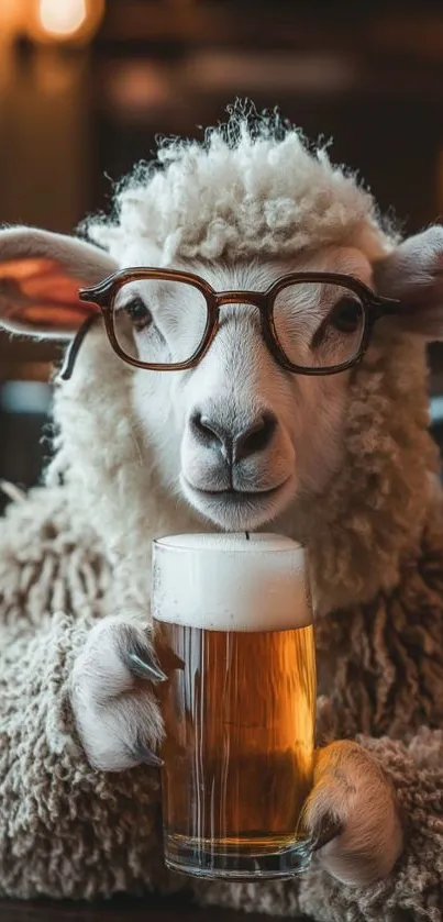 Humorous sheep wearing glasses holding beer.