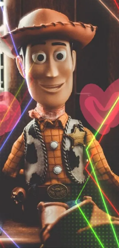 Sheriff toy figure with city backdrop and hearts.