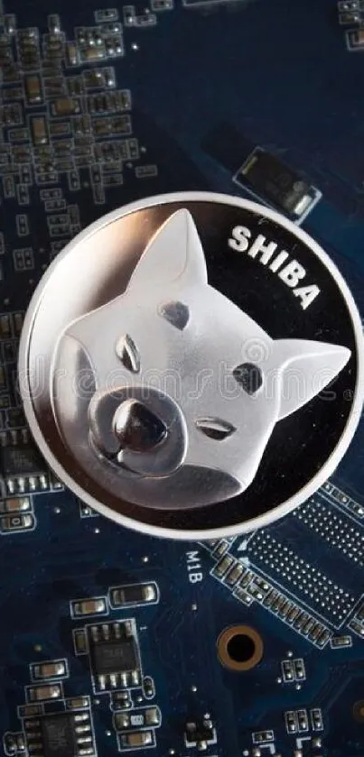 Shiba coin on intricate circuit board background, mobile wallpaper.