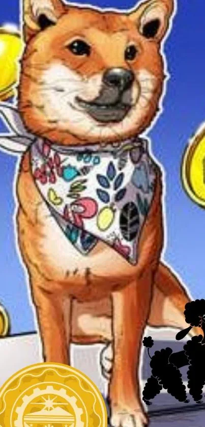 Shiba Inu with crypto coins on digital wallpaper.