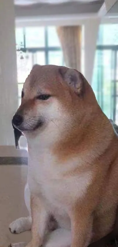 Shiba Inu sitting in an elegant modern room with large windows.