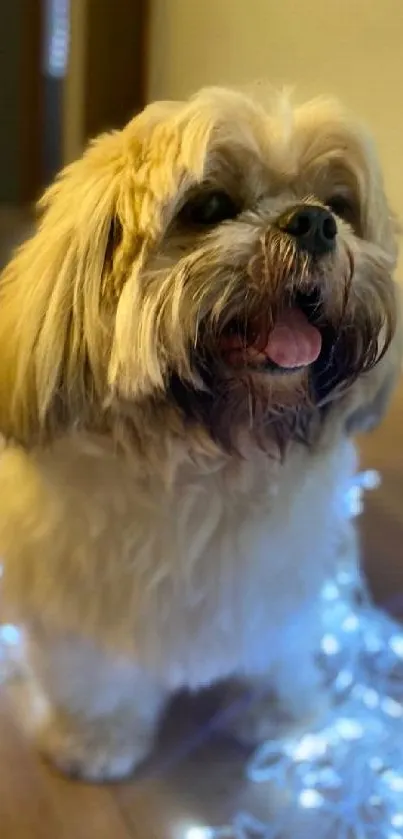 Cute Shih Tzu surrounded by glowing lights, creating a festive and joyful atmosphere.