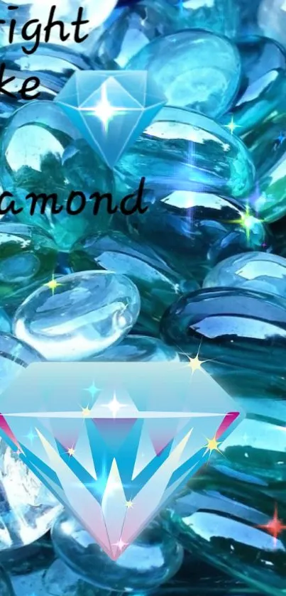 Shimmering blue gemstones with 'Bright Like A Diamond' text.