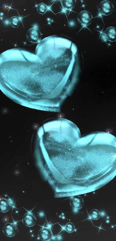 Shimmering blue hearts on black background.