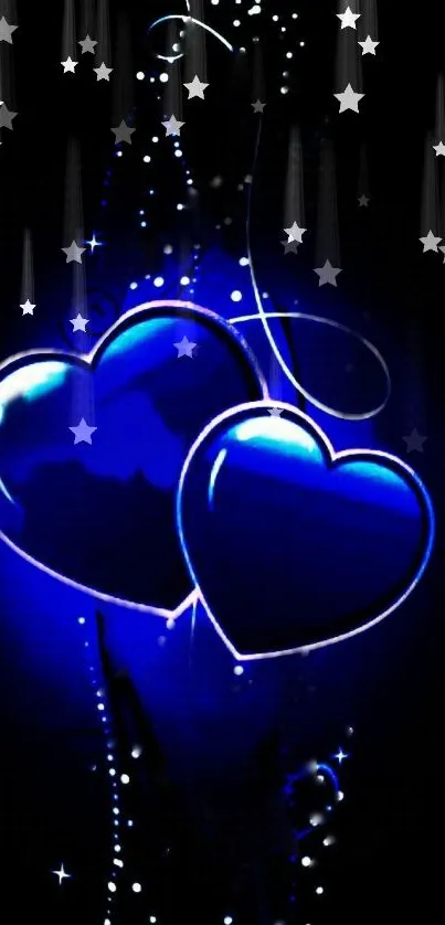 Shimmering blue hearts with starry backdrop on mobile wallpaper.