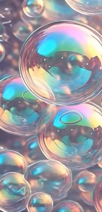 Colorful bubbles with iridescent shimmer on a phone wallpaper.