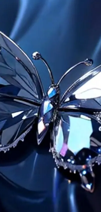 Shimmering crystal butterfly on dark blue surface.