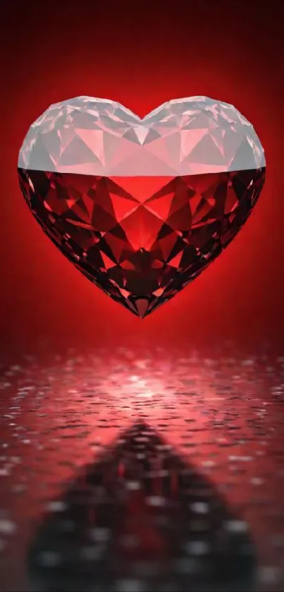 Shimmering crystal heart with red glow on dark background.