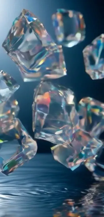 Floating crystals with reflective effect on water surface.