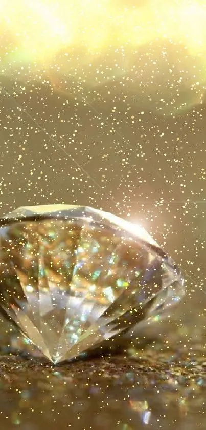 A radiant diamond resting on a golden surface with sparkle.