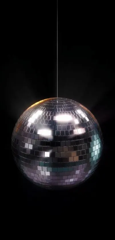 Shimmering silver disco ball against a dark background.