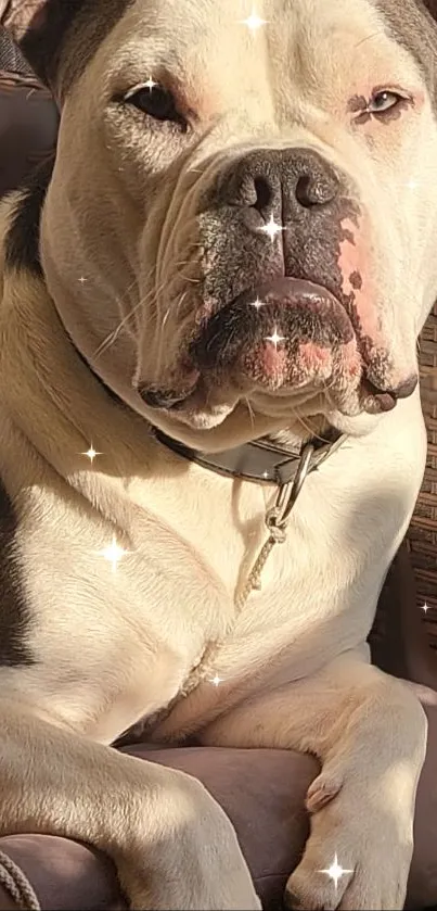 Charming dog with shimmering stars on a sunlit wallpaper.