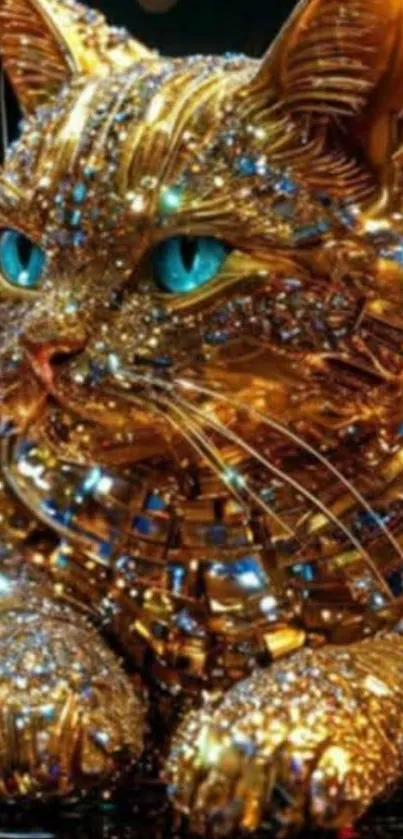 A glittering gold cat with vibrant blue eyes in a luxurious design.