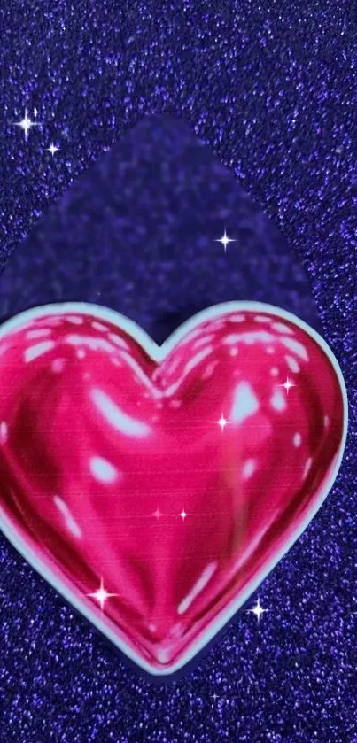 Glittering red heart on a shimmering blue background with stars.