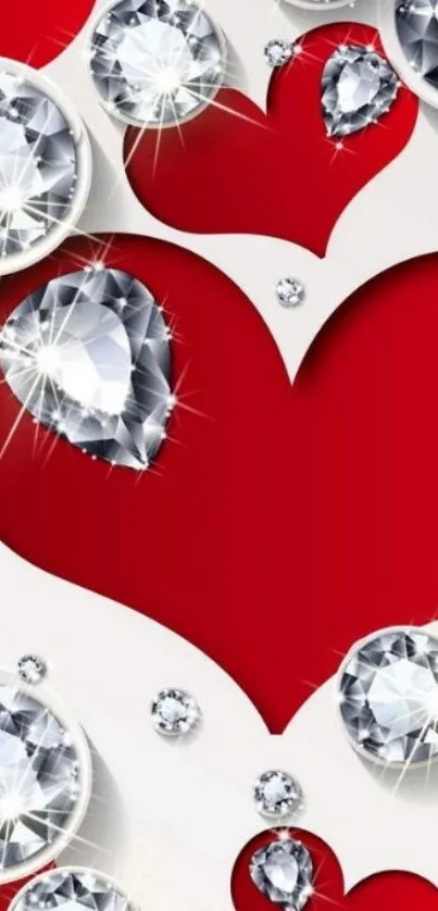 Vibrant red hearts with shimmering diamonds on a sleek white background.