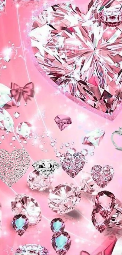 Shimmering pink wallpaper with hearts and diamonds for a glamorous phone background.