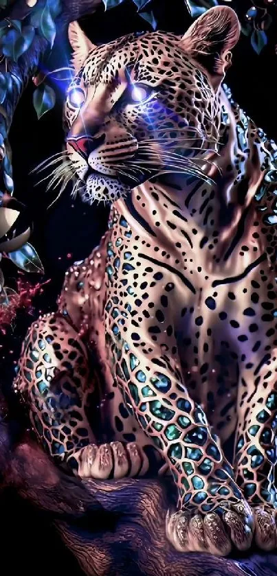 Shimmering leopard under dim tree with glowing accents.