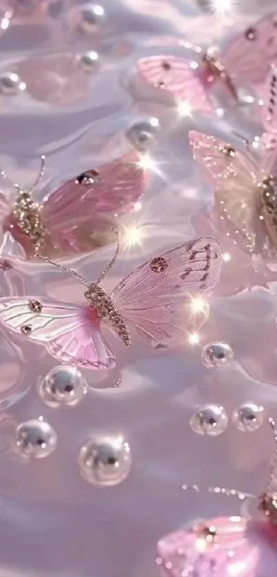 Elegant pink butterflies shimmering on reflective waves wallpaper.