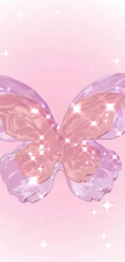 Shimmering pink butterfly illustration with a soft glow and delicate hues.