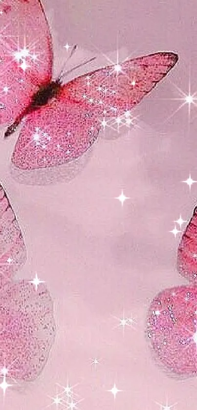 Shimmering pink butterflies with sparkles on a soft pastel background.