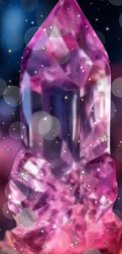 Shimmering pink crystal with bokeh effect and cosmic background.