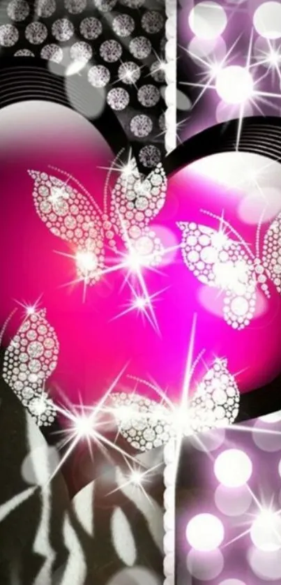 Shimmering pink heart with butterflies wallpaper.