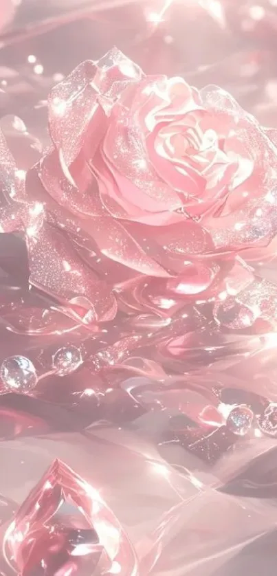 Shimmering pink rose with crystals in sparkling design.