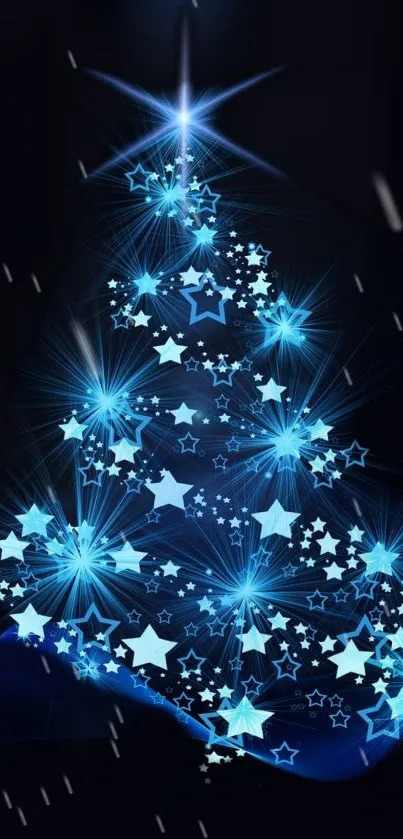 Shimmering Christmas tree with blue stars on dark background.