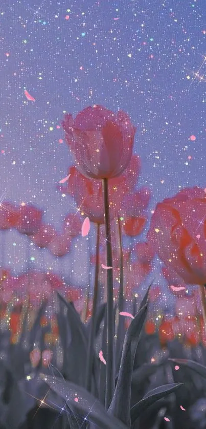 Shimmering tulips against a starry sky background.