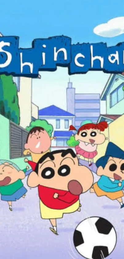 Shinchan and friends having fun outdoors in a colorful cartoon scene.