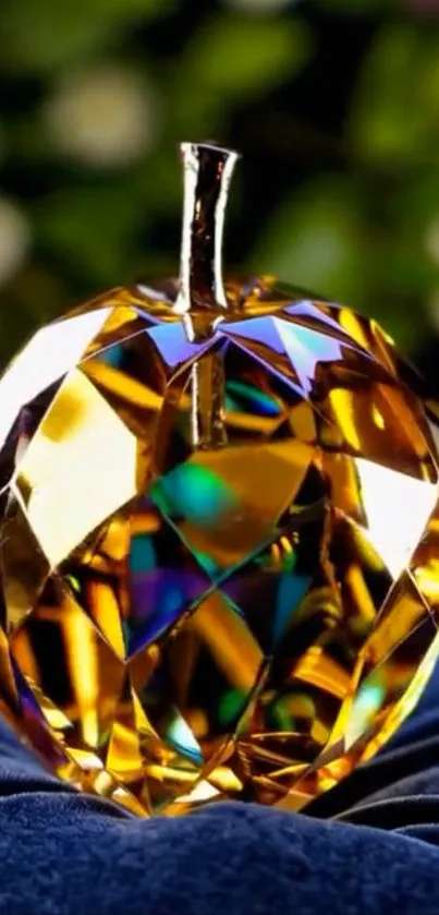 A shiny crystal apple on a dark blue cushion with a blurred green background.