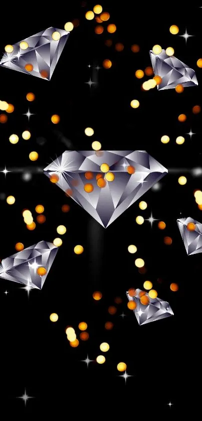 Mobile wallpaper with shiny diamonds on a black backdrop with golden bokeh.