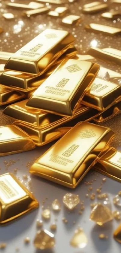 Shimmering stack of gold bars on a luxurious background.