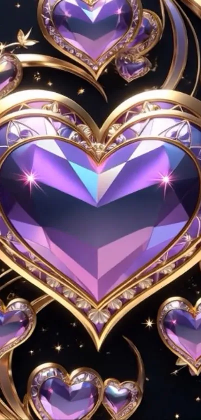 Gold framed purple heart crystal on wallpaper.