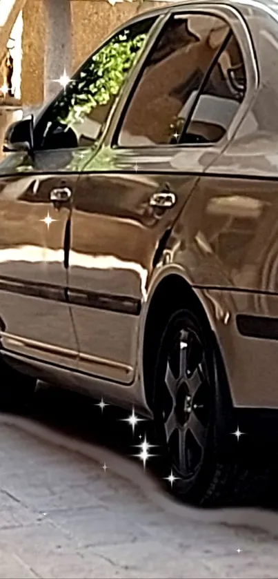 Metallic beige car with sparkling highlights on a sunny day.