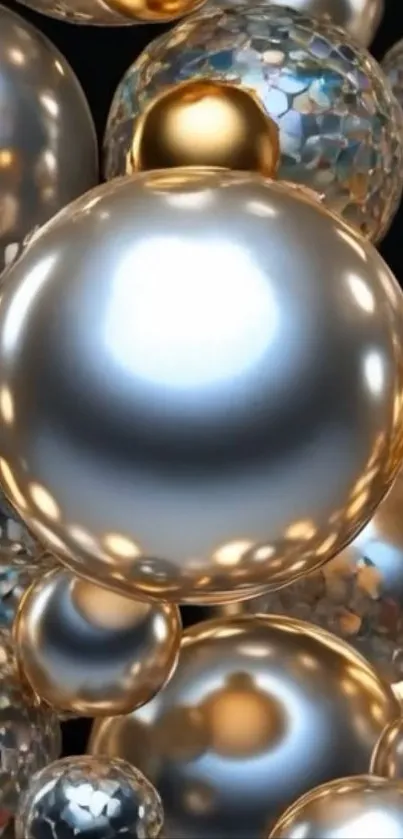 Metallic spheres reflecting light in abstract design.