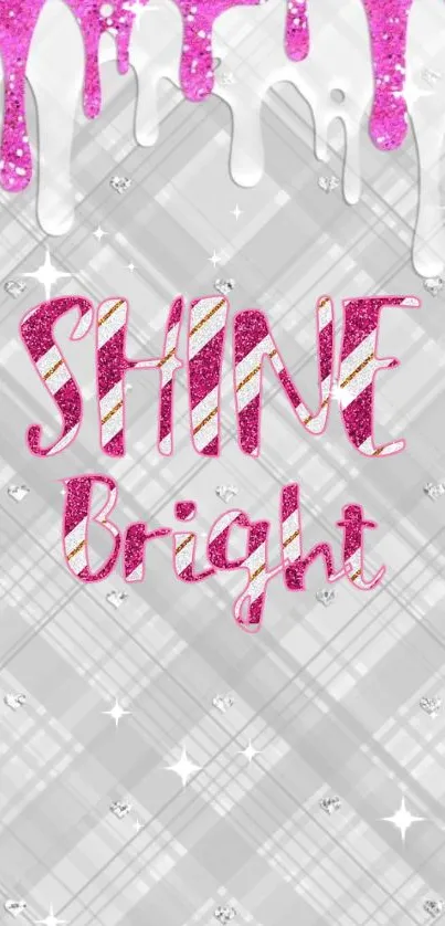 Shiny pink text wallpaper with plaid background and glitter accents.