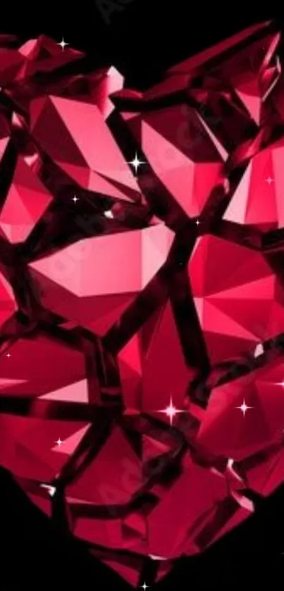 Faceted red gem heart on black background with sparkles.