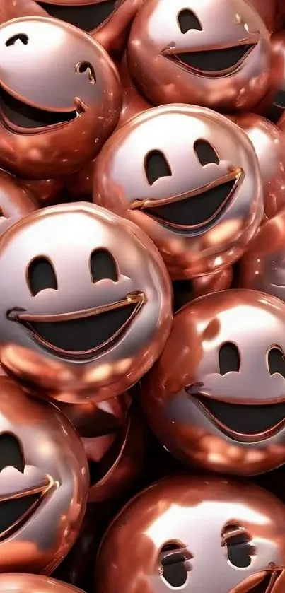 Stack of glossy, metallic smiley emojis with joyful expressions.