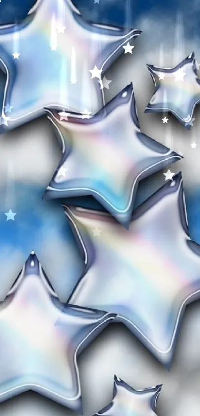 Shiny metallic stars floating in a cloudy sky.