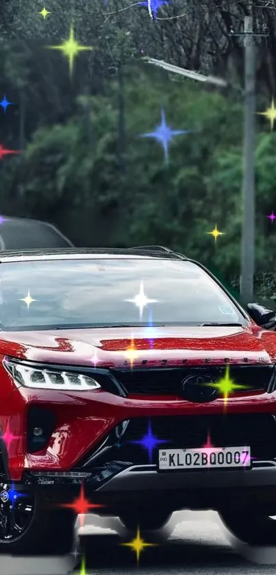 Red SUV with sparkling effects on road in lush setting.