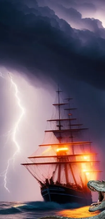 A tall ship braving a storm with lightning and a roaring dinosaur in the foreground.